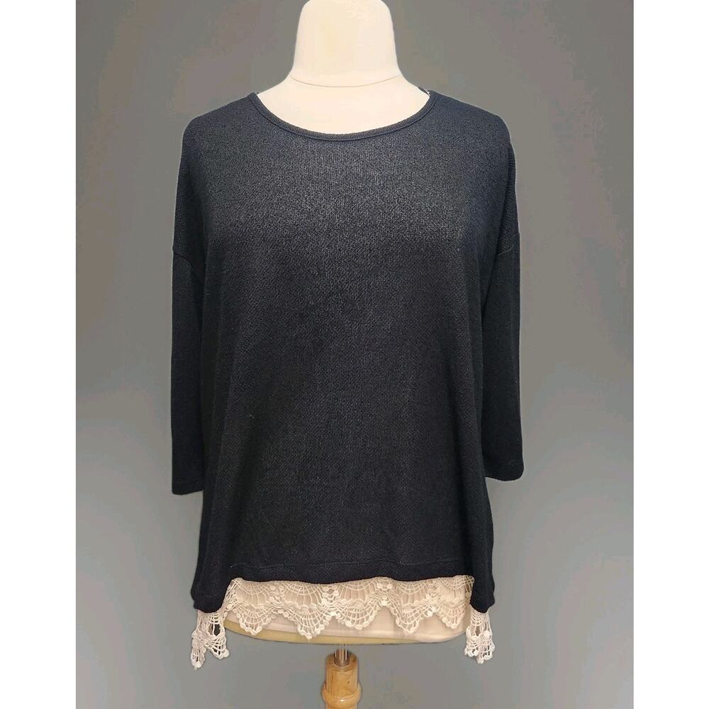 Gnw Black Semi Sheer Pullover Sweater Cream Crochet Trim Size 2X 3/4 Sleeve